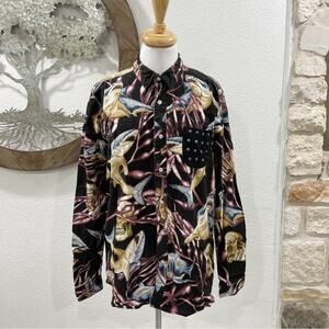 Rook Sharks & Skulls Long Sleeve Button Down Shirt Studded Cotton Black Large